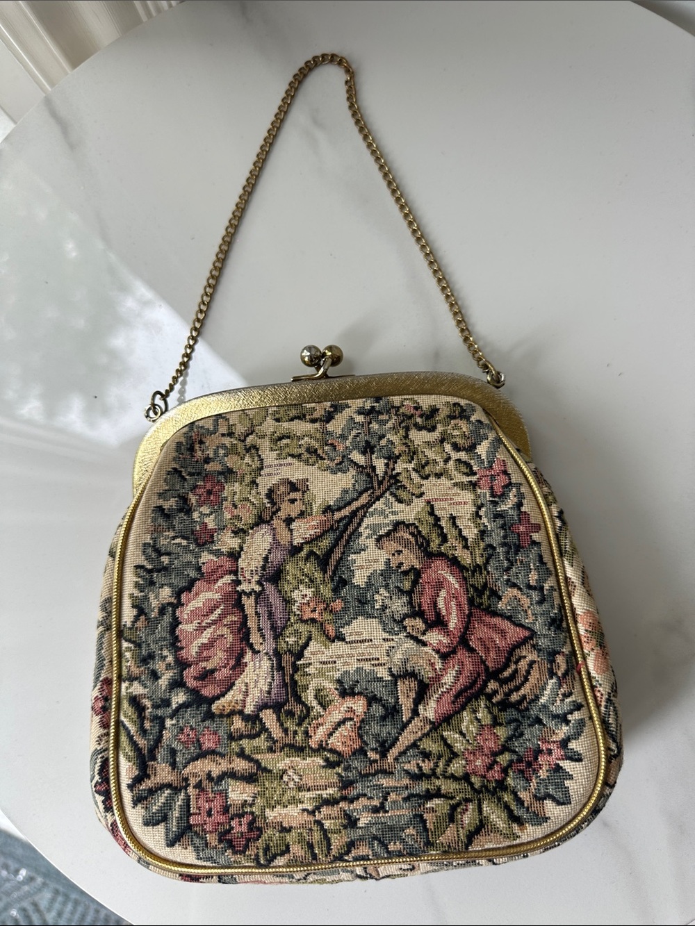 Vintage Tapestry Chain Handbag Clutch in Pink and Cream Kiss Lock Gold Wedding - Picture 3 of 8